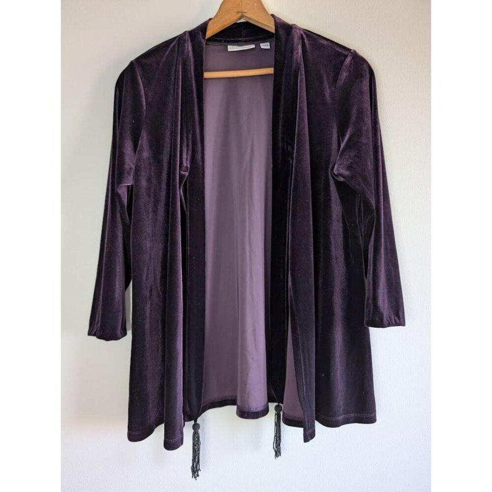 Susan Graver Open Cardigan Women's Size Large Purple Velvet Beaded Tassel Artsy